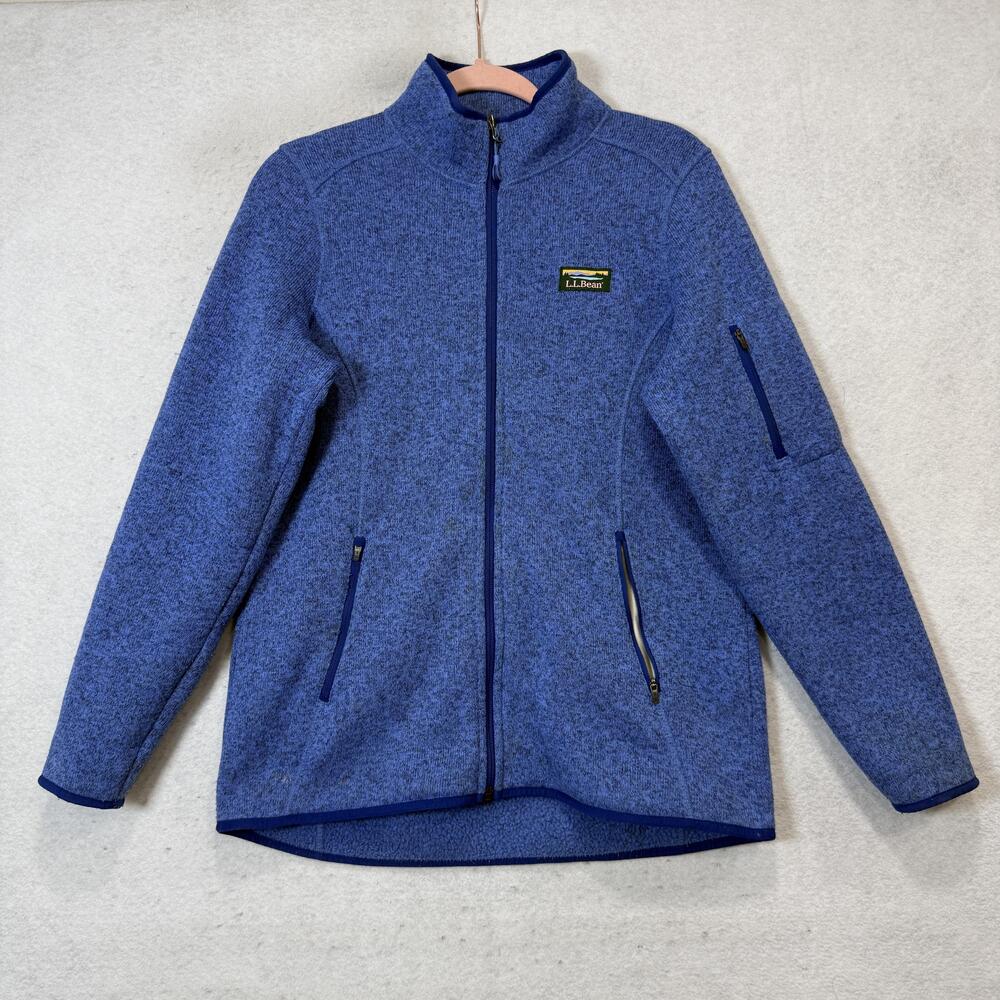 LL Bean Jacket Womens Medium Blue Sweater Fleece Full Zip Stand Collar Pockets